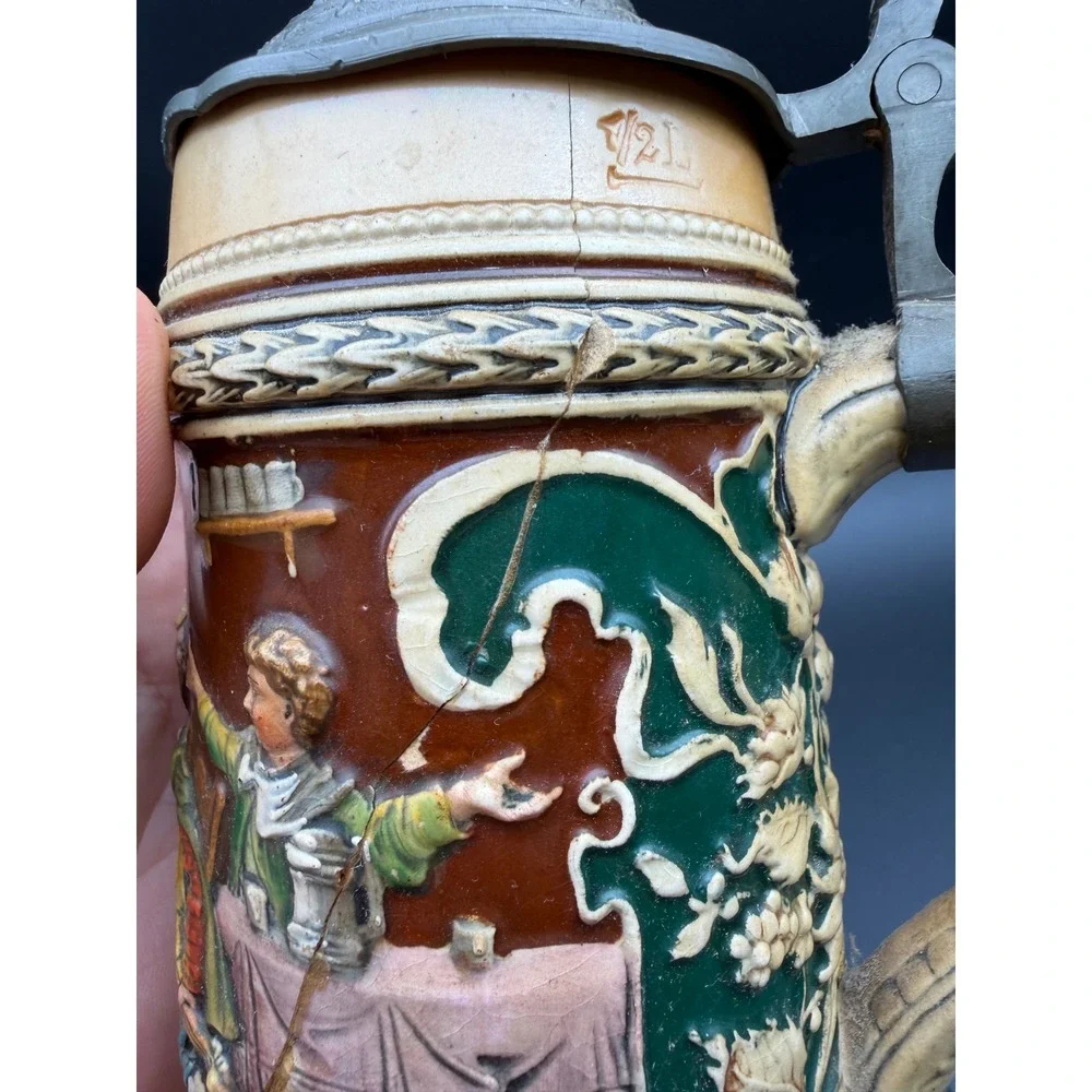 Antique German Beer Stein 0.5L Relief Scene Pewter Lid‎ Stoneware 531